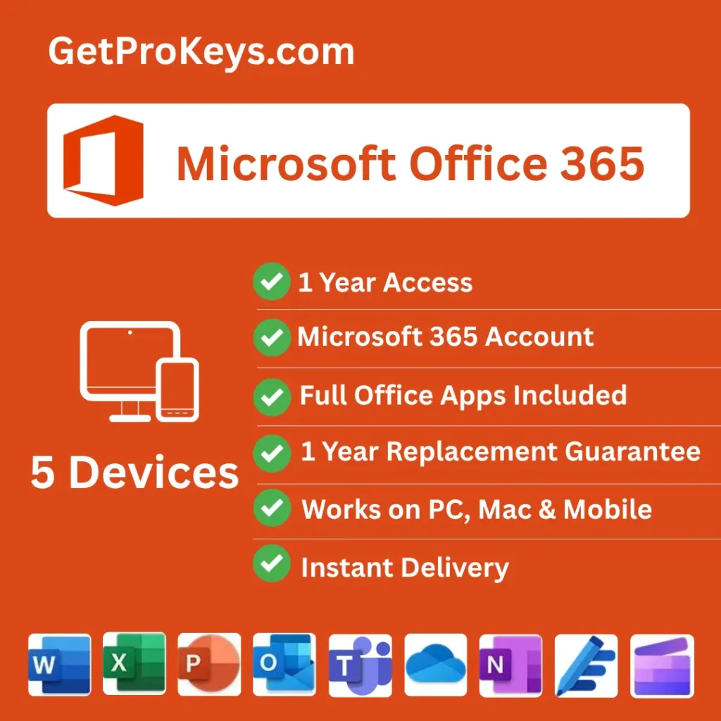 Microsoft Office 365 (5 Devices) – 1 Year Access (PC/Mac Account)