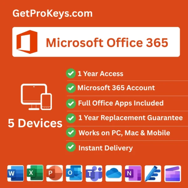 Microsoft Office 365 (5 Devices) – 1 Year Access (PC/Mac Account)
